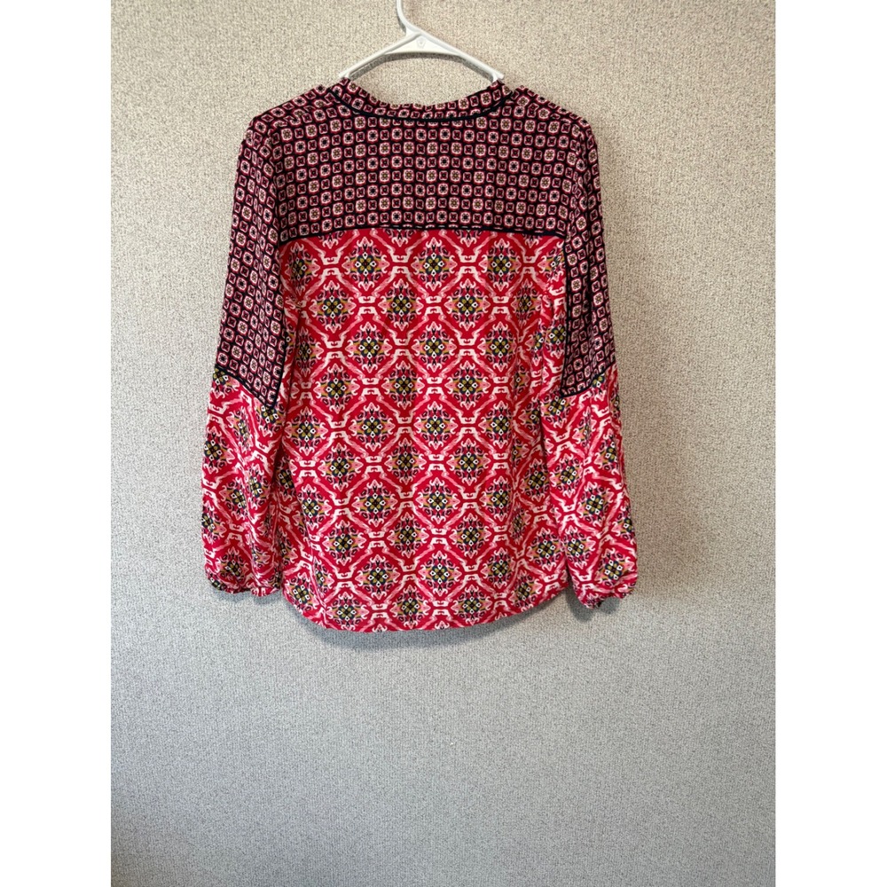 LOFT Red Pink Geometric Medallion Split Neck Blouse Long Sleeve Small - Picture 6 of 6